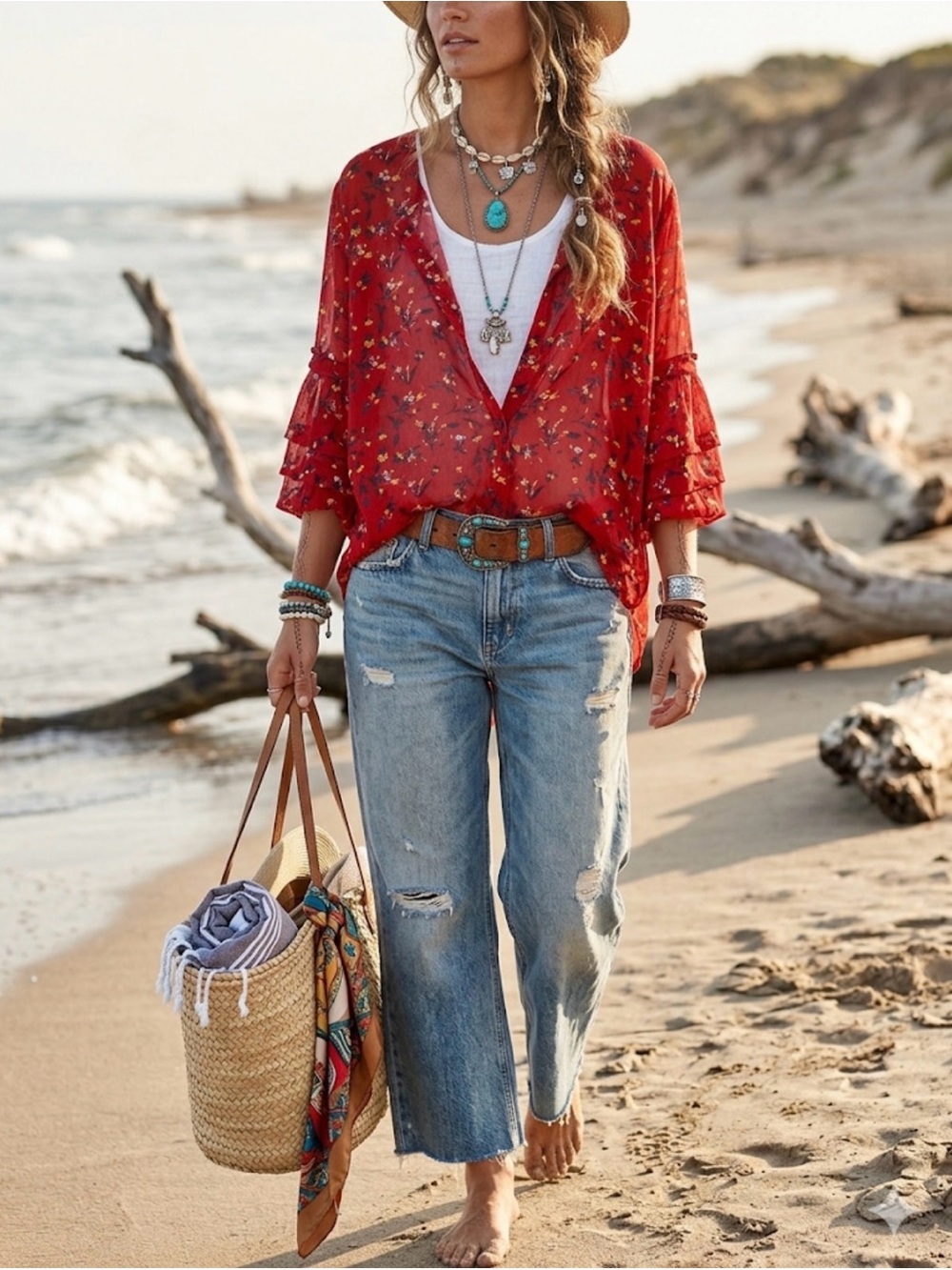 Women's Red Floral V-Neck Tunic Top